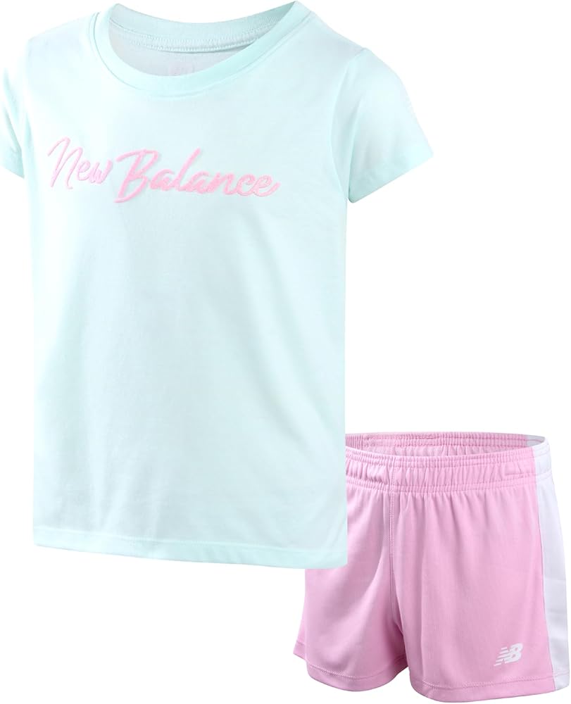 New Balance Girl's Active Shorts - 2 Piece Short Sleeve T-Shirt and Performance Shorts - Cute Summer Outfit for Girls (7-12)