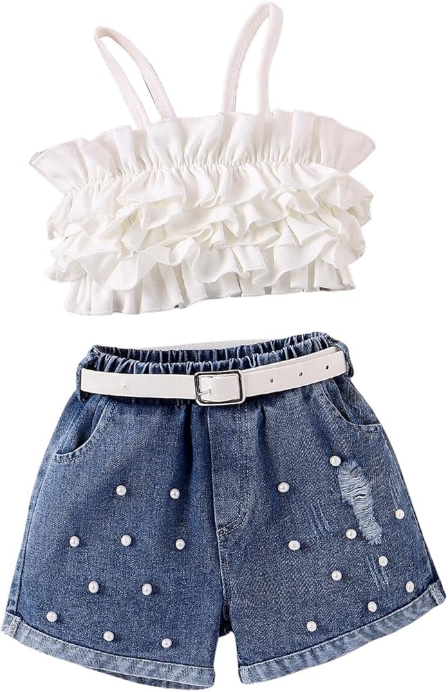 Girl's 2 Pieces Outfit Ruffle Trim Cami Crop Top and Pearled Cuffed Hem Ripped Denim Shorts Set