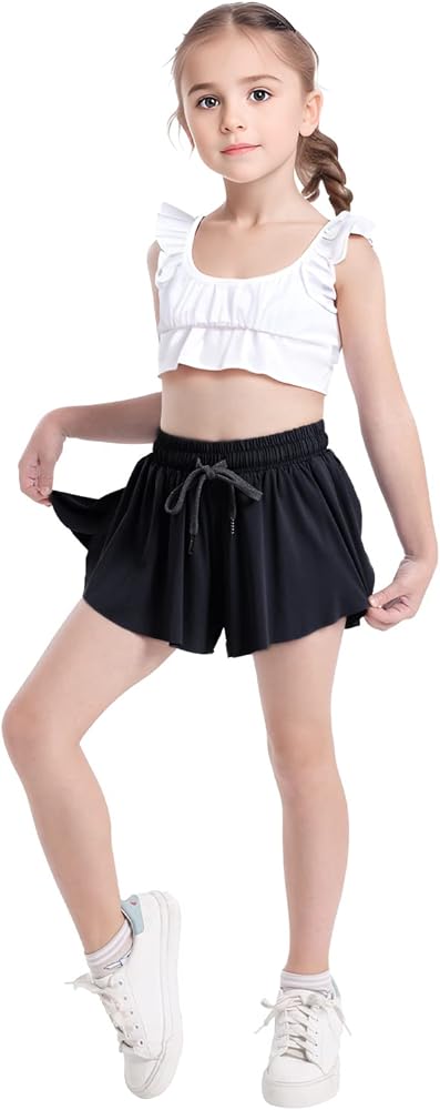 Girls Flowy Skirt Shorts Preppy Shorts 2 in 1 Butterfly Running Shorts with Pockets for Dance School Wear Gym Fitness Sleep