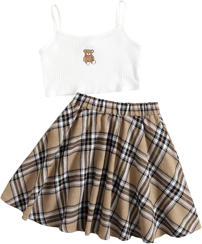 SOLY HUX Girl's 2 Piece Outfits Cartoon Print Cami Crop Top and Plaid Skirt Set