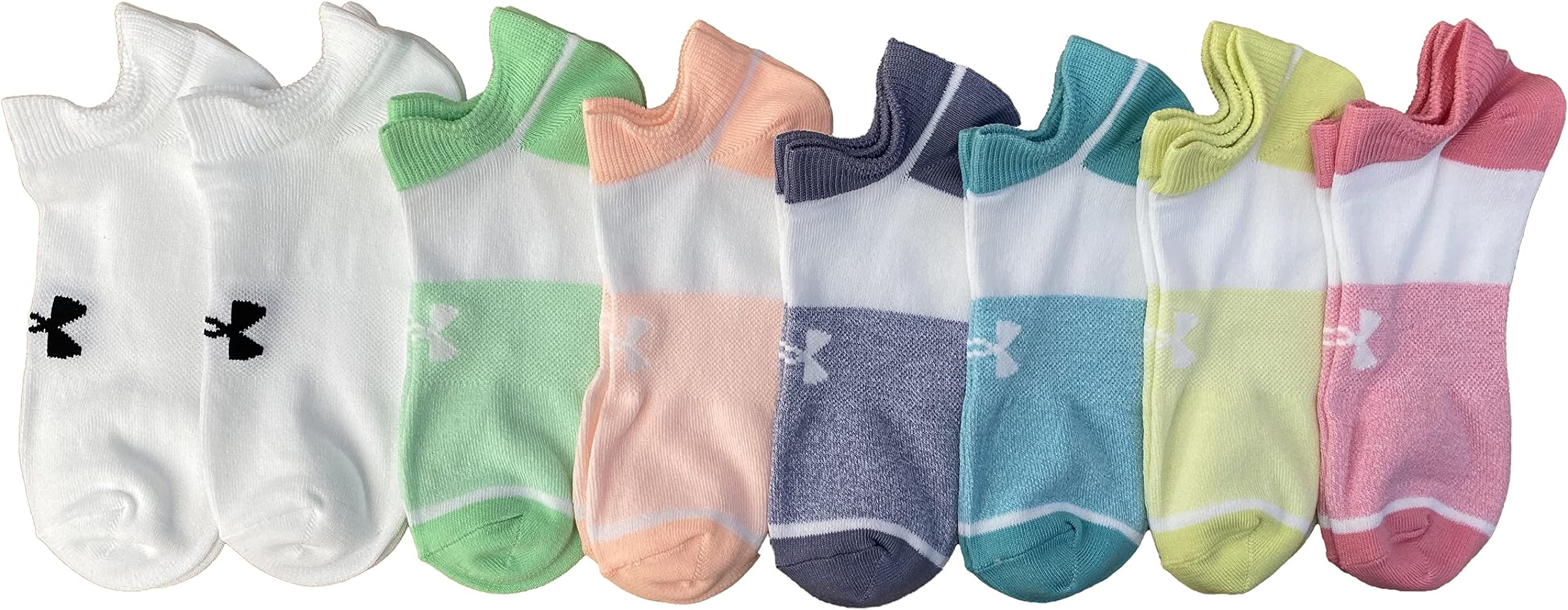 Under Armour Girl`s Essential No Show Socks 8 Pack (Multi(U0221-691)/White, Small)