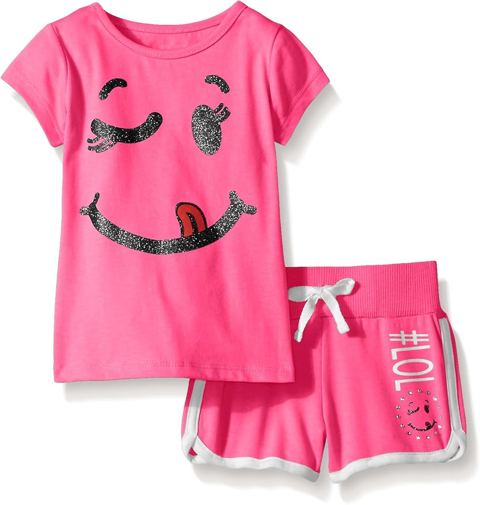 Dream Star Girls' Toddler S/s Smiley, Print Back Tee with French Terry Screen Short 2 Pc Set