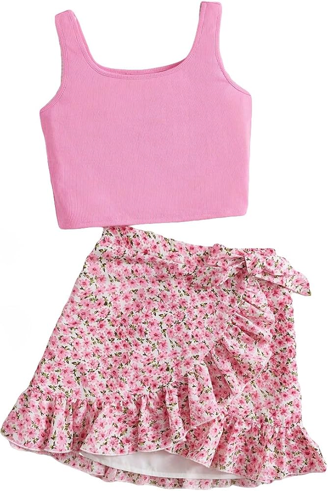 OYOANGLE Girl's 2 Pieces Outfits Rib Knit Sleeveless Tank Top and Ditsy Floral Print Ruffle Trim Wrap Skirt Set