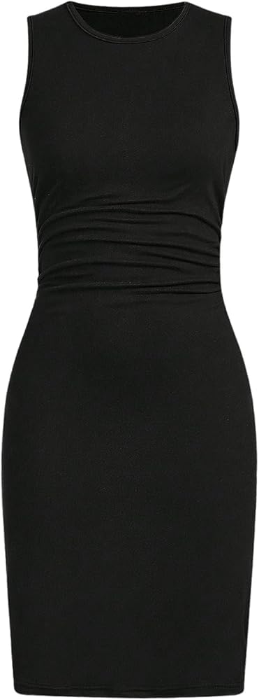 Verdusa Girl's Round Neck Sleeveless Ruched Midi Bodycon Dress