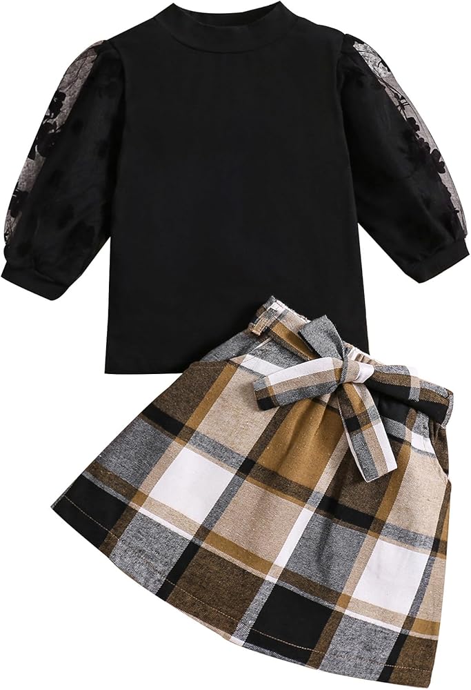 Girl's Skirt Sets 2 Piece Floral Mesh 3/4 Sleeve Casual Shirt and Plaid Skirt Outfits Set 5-13T