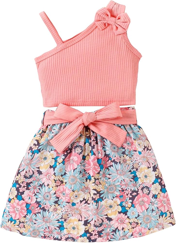 Girl's 3 Piece Solid Sleeveless Asymmetrical Neck Bow Front Camisole and Floral Print Skirt Sets with Hat