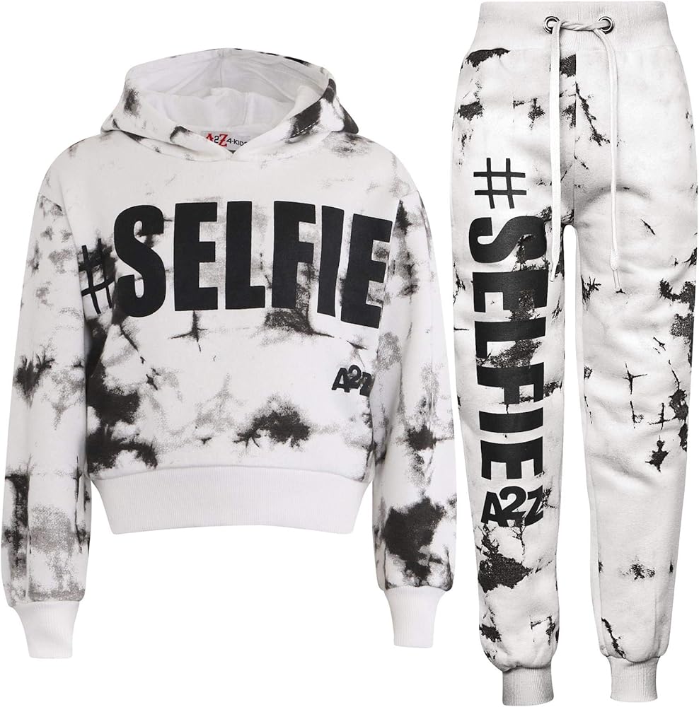 Kids #SELFIE Tie Dye Tracksuit Crop Hoodie Sweatpants Co-ord Set Girls Age 5-13