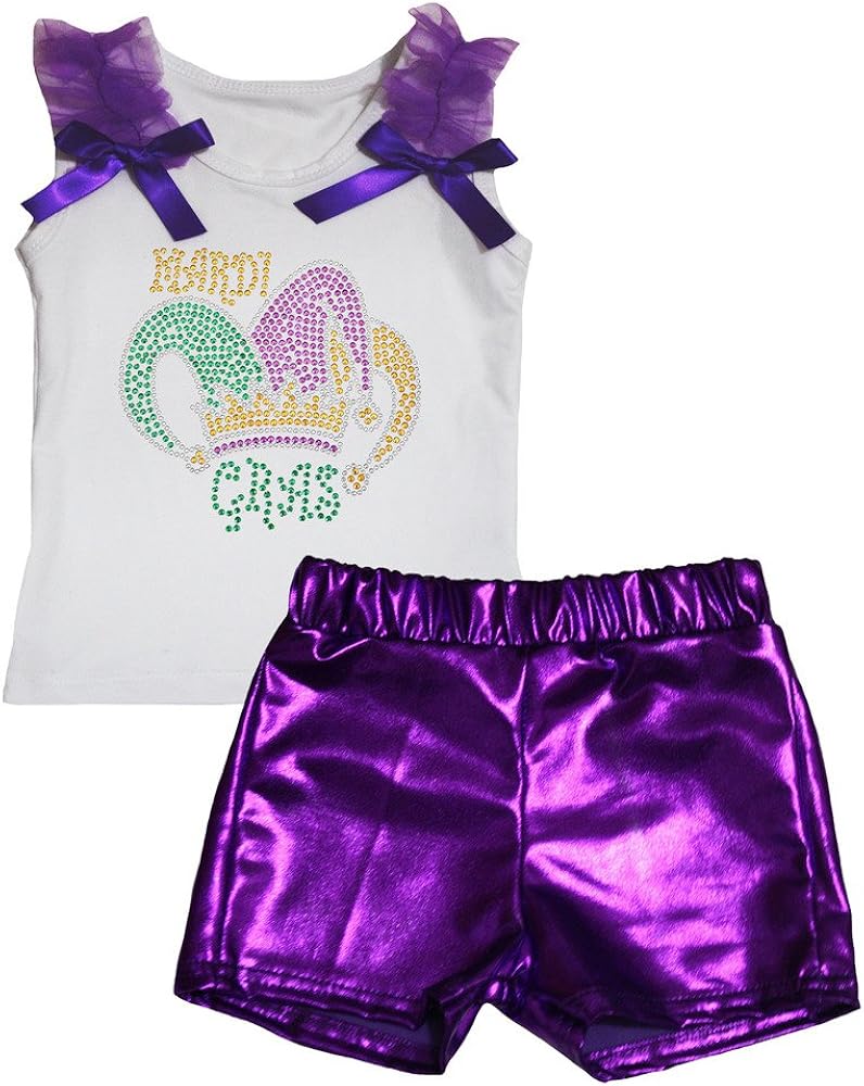 Petitebella Mardi Gras Hat White Shirt Purple Bling Short Set 1-8y