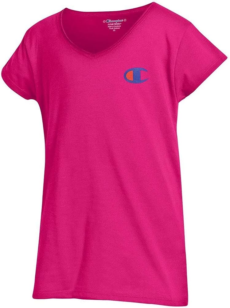 Champion Reverse Weave Logo Girls Youth (Knockout Pink) Powder Puff V-Neck T-Shirt