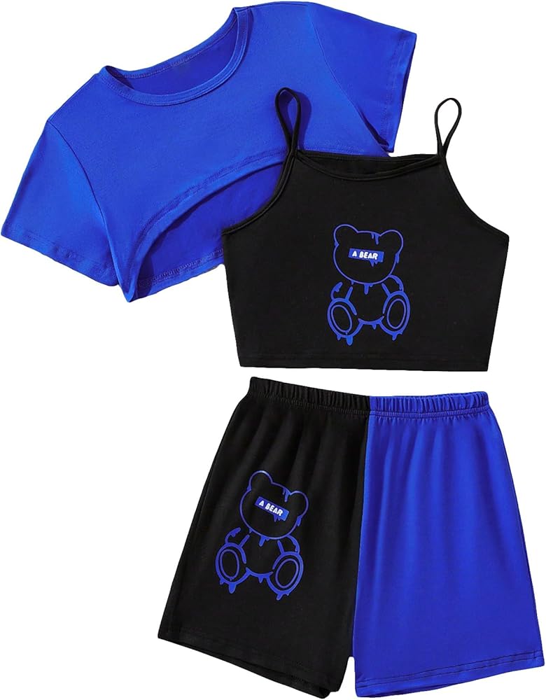 OYOANGLE Girl's Summer Outfit 3 Pieces Letter Print Cami Top and Crop Top Tee with Shorts Set Black Blue 10Y