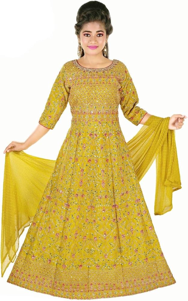 Yellow Indian Kids Wear Comfy Festive Kids Wear Multi thread Gown Anarkali dress for Girls K2