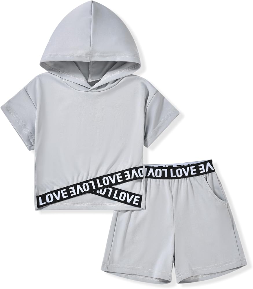 Toddler Little Girls Short Sleeve Hooded Shirts Shorts Set Solid Color Summer 2 Piece Outfit