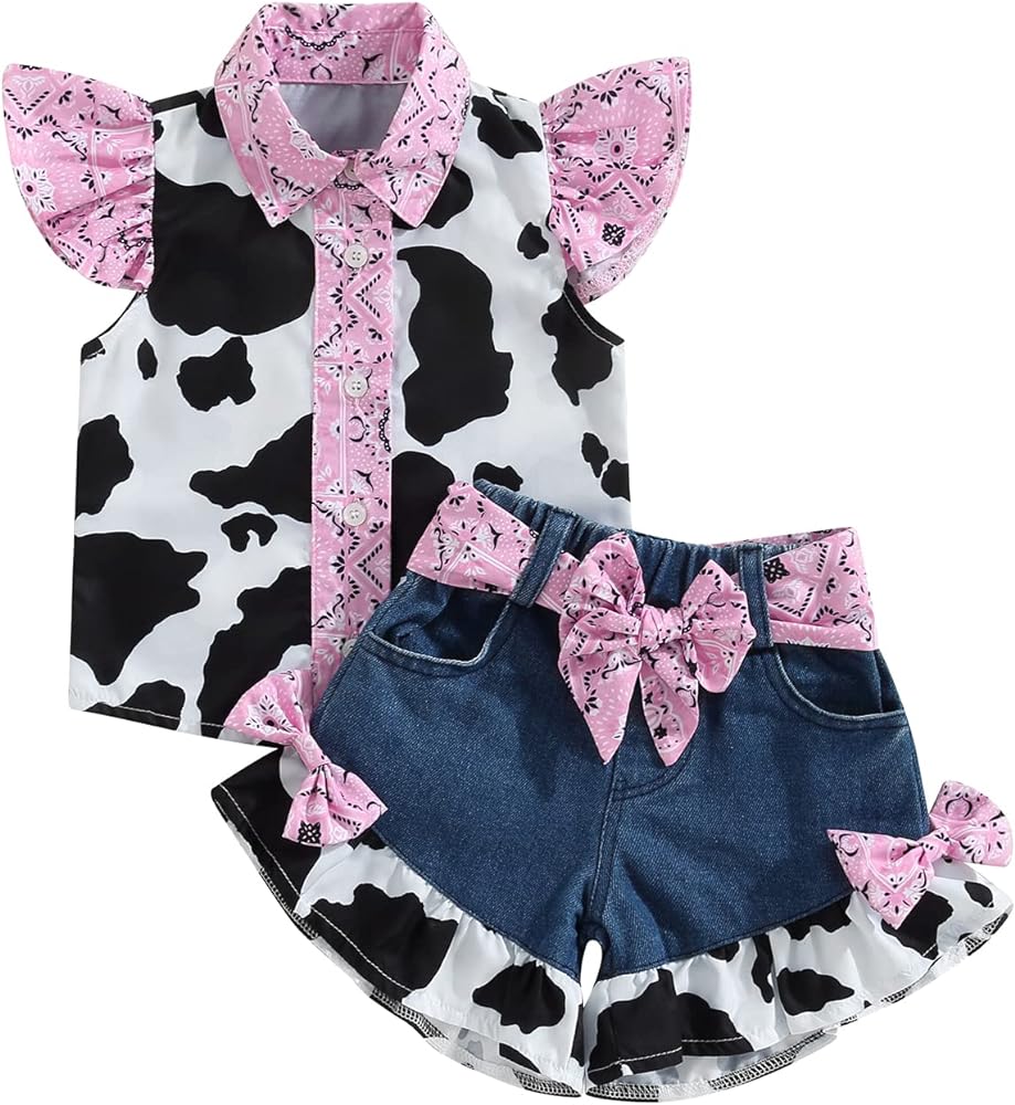 Kuriozud Kids Girl Summer Outfits Cow Print Turn-Down Collar Fly Sleeve Tops Bow Denim Shorts with Belt 2Pcs Clothes Set (Denim Blue, 5-6 Years)