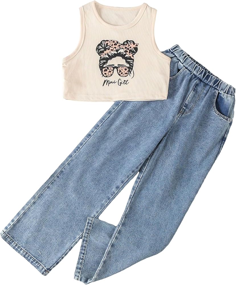 Girl's 2 Piece Print Pattern Round Neck Sleeveless Ribbed Knit Crop Tank Top and Denim Pants Sets