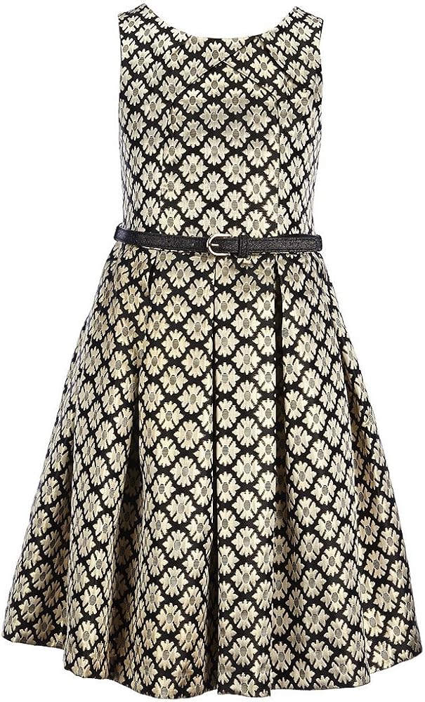 Bonnie Jean Big Girls Metallic Geometric Floral Belted Jacquard A-Line Holiday Party Dress, 7-16