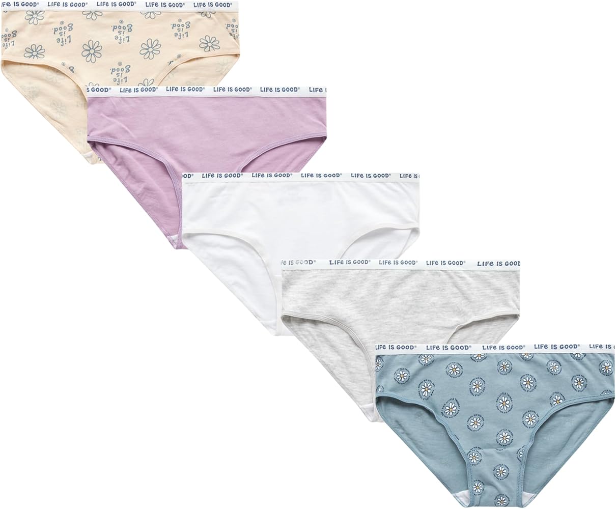 Life is Good Girls' Hipster Underwear - 5 Pack Casual Stretch Logo Waistband Hipster Briefs - Girls Cotton Underwear (S-L)