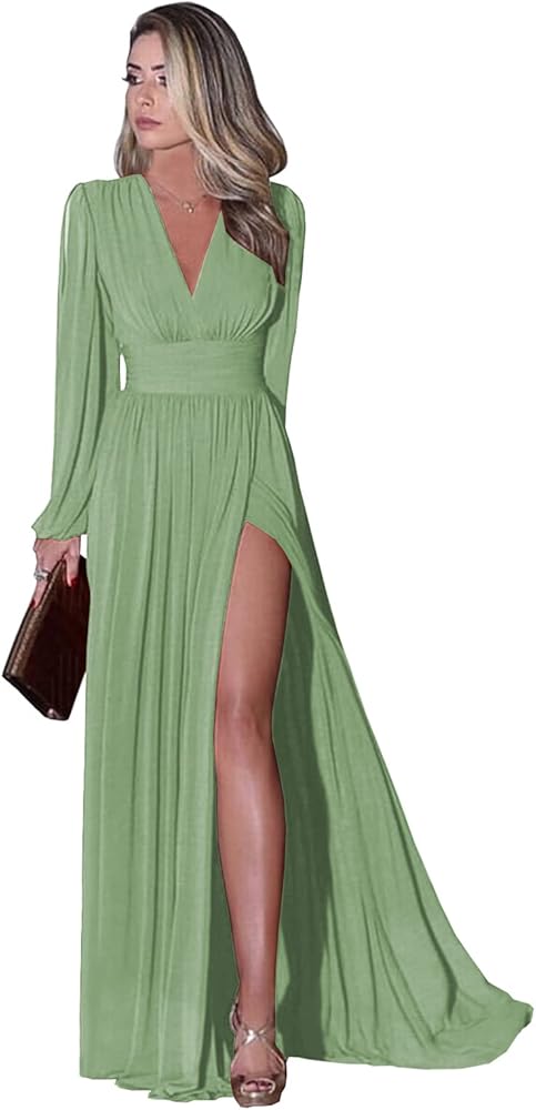 BANTRATIC Long Sleeve Bridesmaid Dresses with Slit for Women V Neck A Line Pleated Chiffon Evening Formal Dress