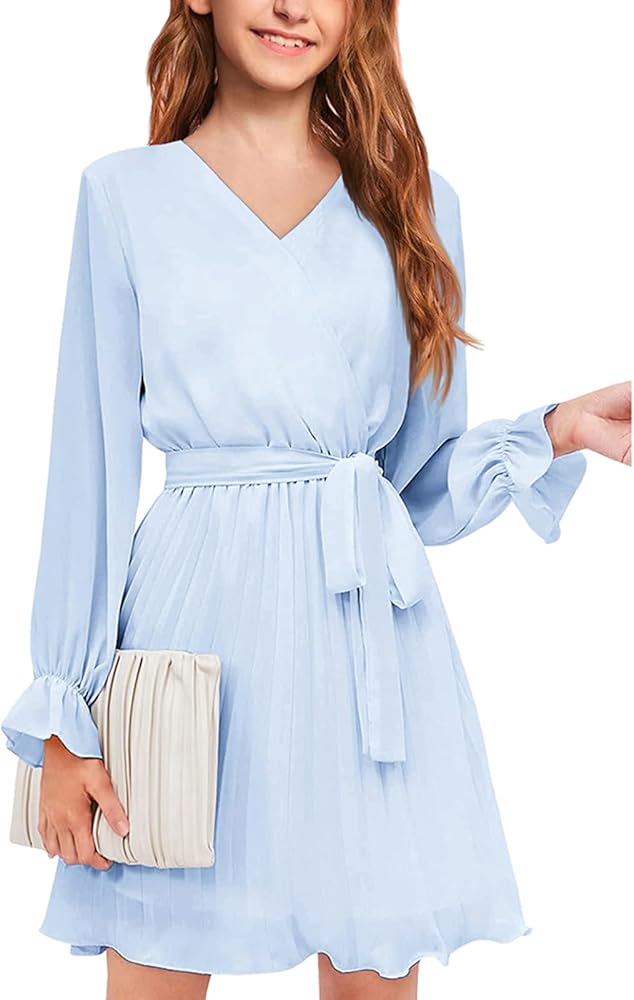 2024 Girls Dresses Long Sleeve Kids Pleated Dress Wrap Belt Flowy Teen Girls Fashion Clothes Outfits Sky Blue