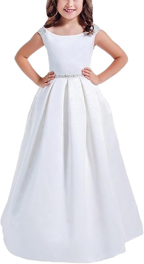 White First Communion Dresses for Girls 7-16 Satin Ruffles Kids Birthday Party Dress