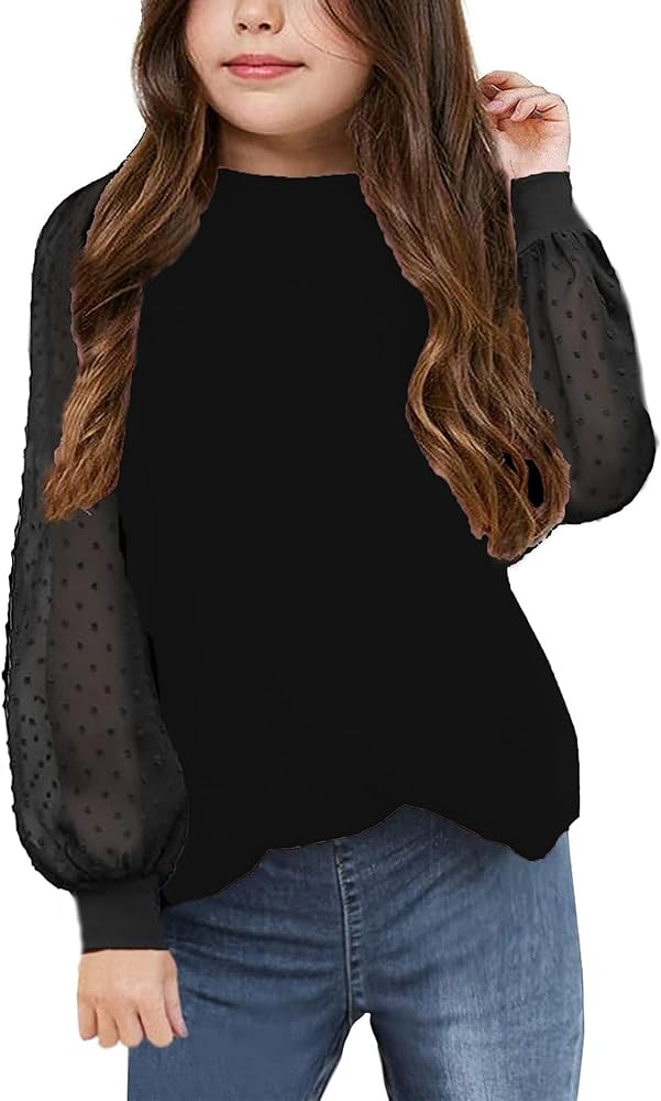 Yekaty Girls Shirts Casual Solid Color Crewneck Blouses Soft Long Sleeve Swiss Dots Chiffon Tops