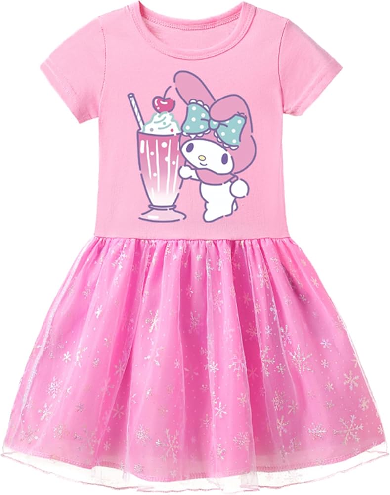 PaPama Children Cartoon Dress Basic Princess Dress-Novelty Short Sleeve Dresses-Comfy Crewneck Tulle Dress for 3-12 Years