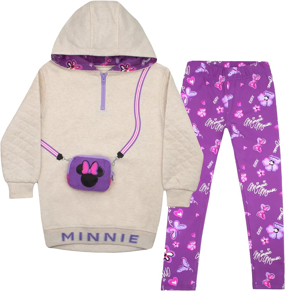 Disney Minnie Mouse Girls Hoodie and Leggings 2-Pack with Attached Zipper Purse, Girls Hooded Sweatshirt and Active Leggings