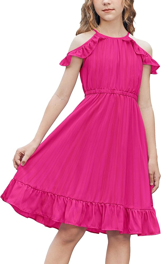 Arshiner Girls Dress Halter Neck Ruffle Sleeveless Formal Party Casual Summer Sundress for 5-14 Years