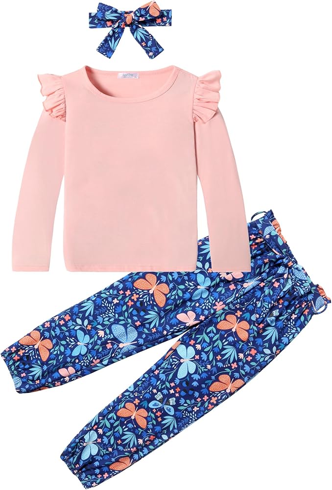 Arshiner Toddler Girl Fall Outfits Ruffle Tops And Floral Pants Set With Headband Kids Girls Joggers Outfit 3T-12Y