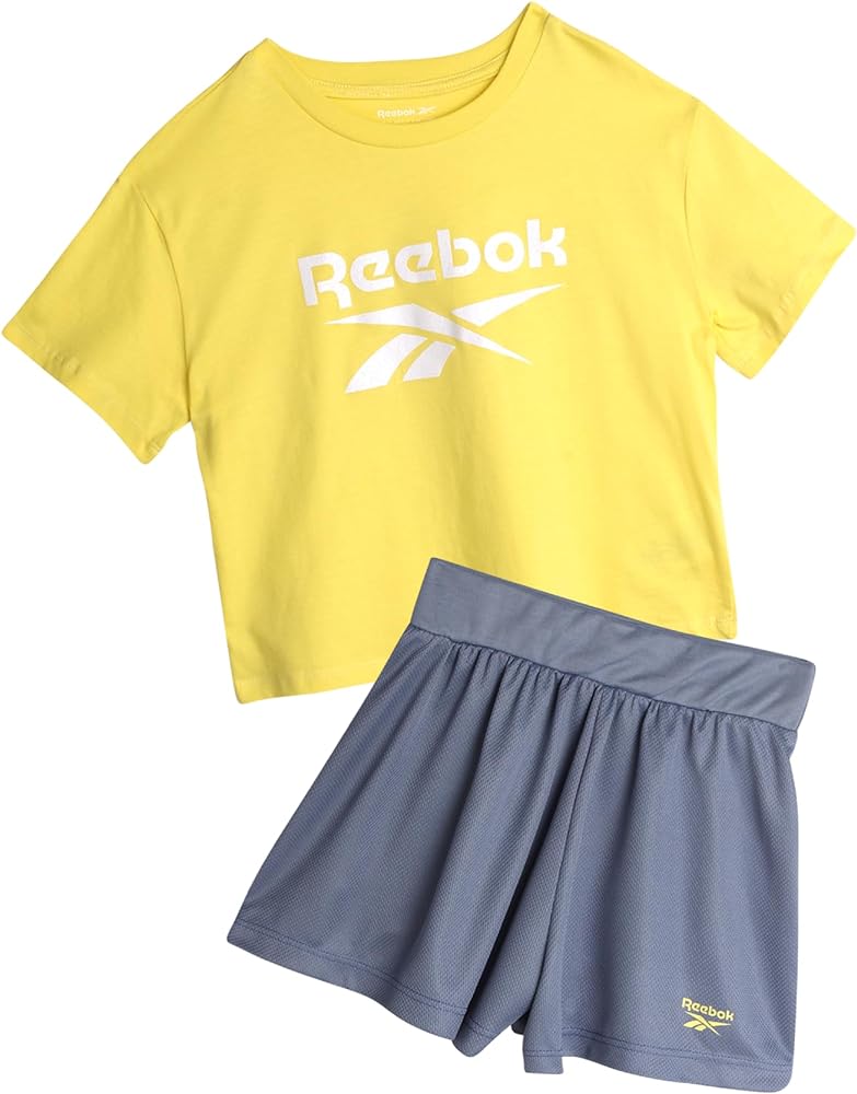 Reebok Girls' Active Shorts Set - 2 Piece Short Sleeve T-Shirt and Mesh Dolphin Gym Shorts - Summer Athletic Wear Set (7-12)