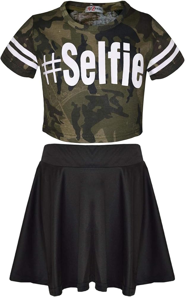 Girls Tops Kids Designer's #Selfie Camouflage Crop Top & Skater Skirt Set 5-13Yr