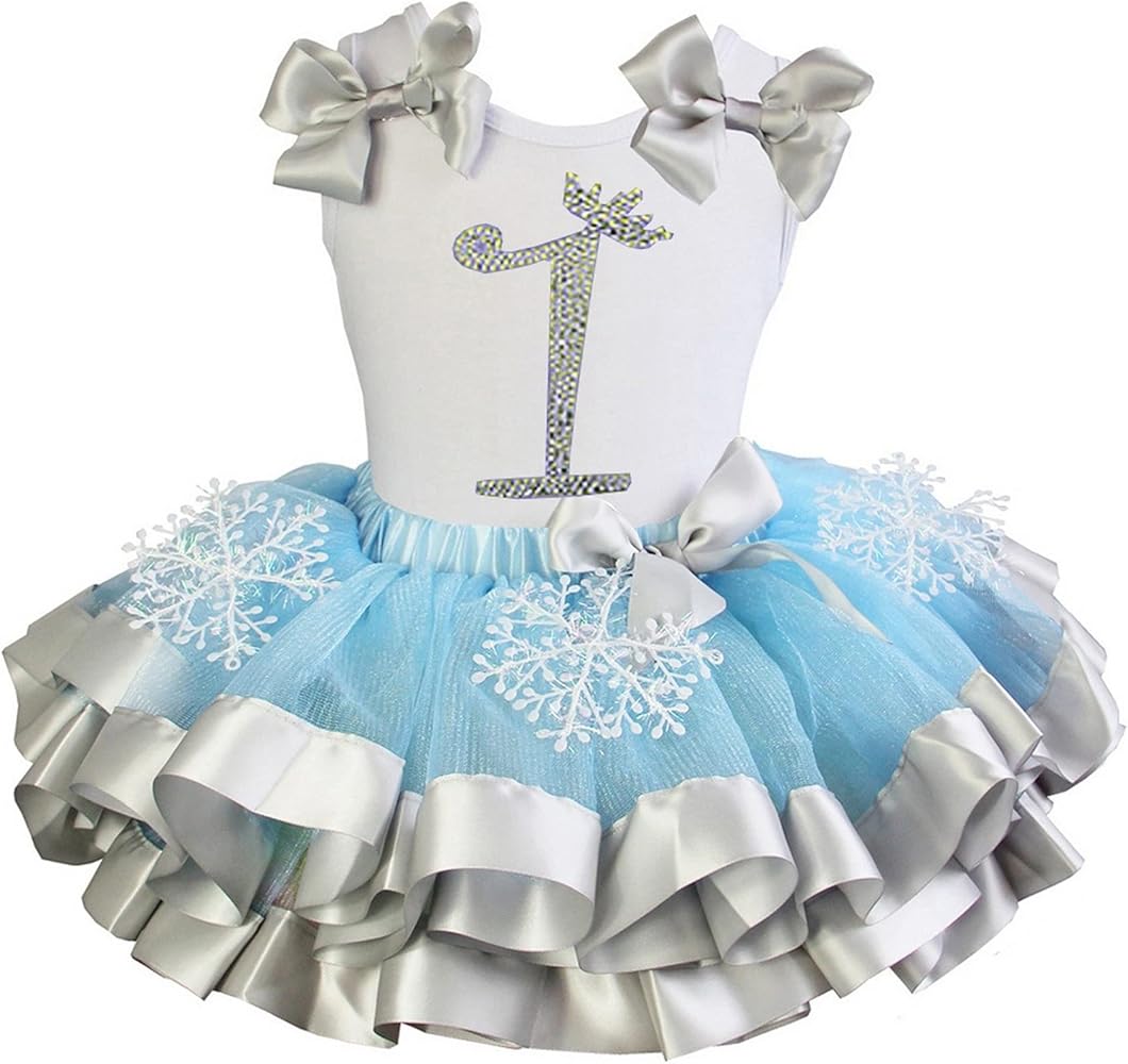 Kirei Sui Girls Princess Snowflake Blue Silver Satin Trimmed Tutu 1st 2nd 3rd 5th Birthday Outfit