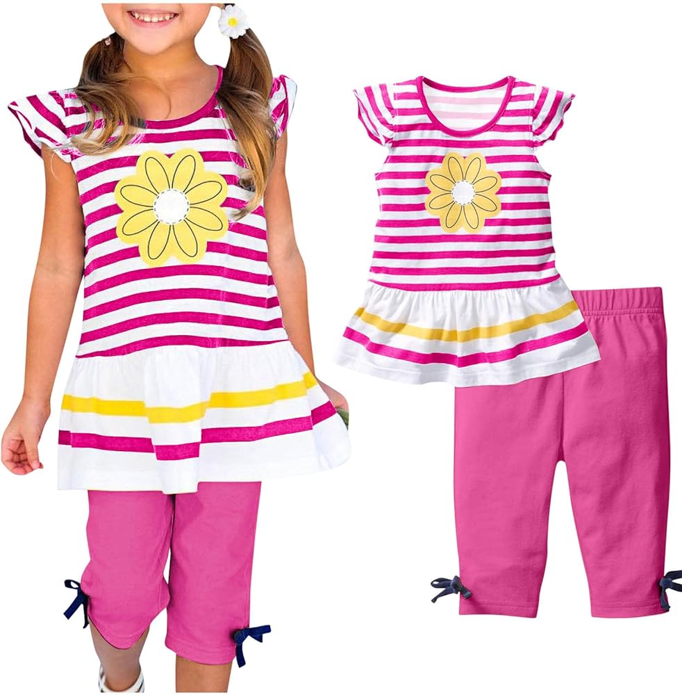 Baby Girls' Clothing Sets Summer Casual Clothing Suit Short Sleeve Striped T Shirt Cute Comfy Capri Pants