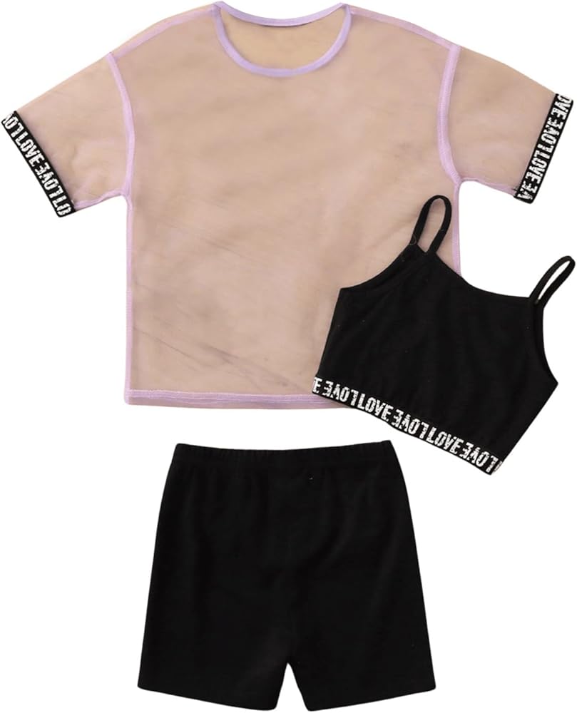 Floerns Toddler Girl's 3 Piece Outfit Graphic Camisole and Shorts Set with Mesh Tee