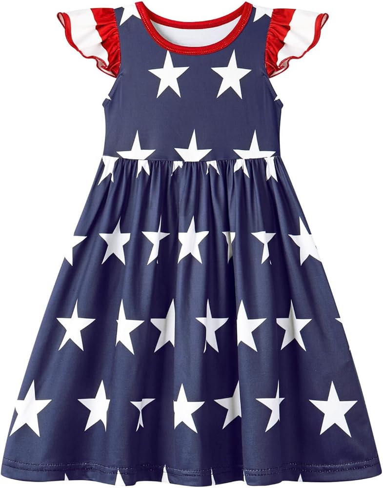 Eledobby 4th of July Girls Dress Independence Day Dresses American Flag Striped Flutter Sleeve Sundress Patriotic Outfits