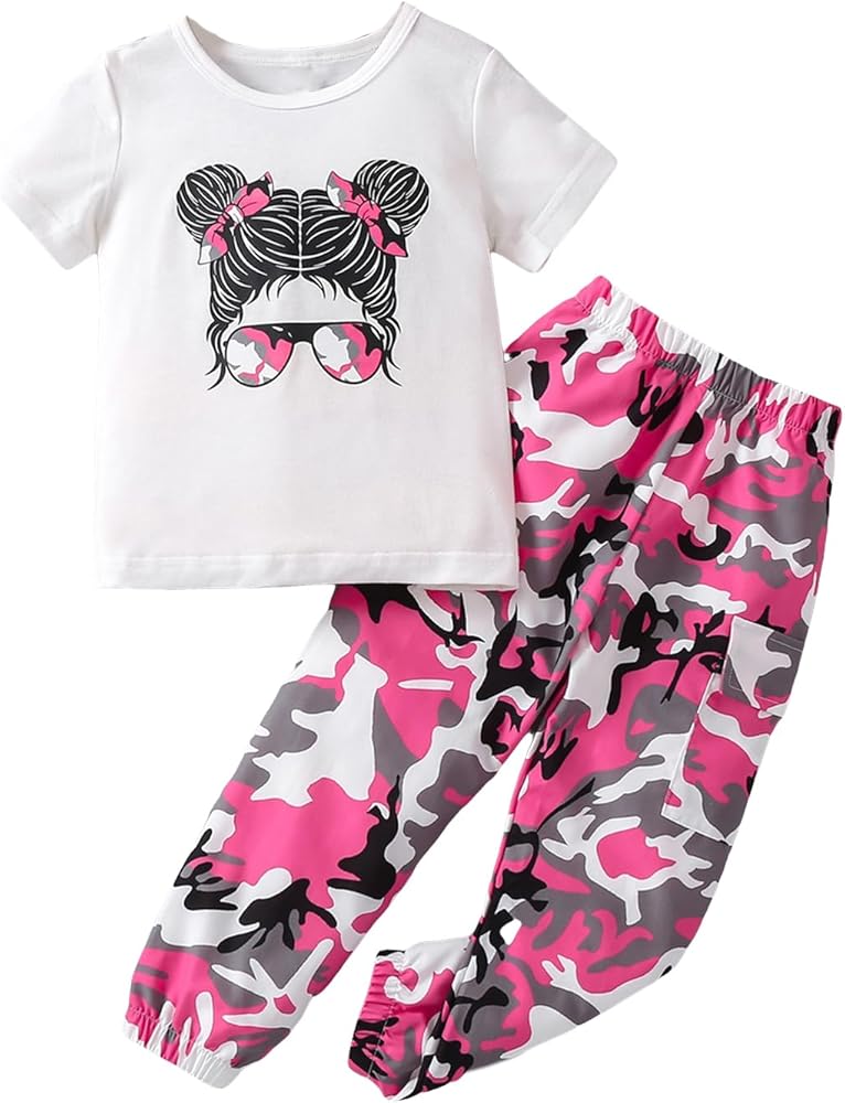 SOLY HUX Toddler Girl's Summer 2 Piece Outfits Figure Graphic Short Sleeve Tee and Camo Print Pants Set