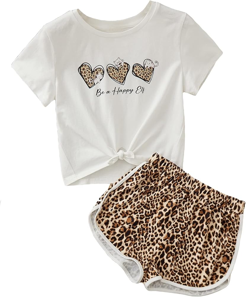 Milumia Girl's Two Piece Outfits Heart Print Knot Hem Short Sleeve Tee and Leopard Shorts Set