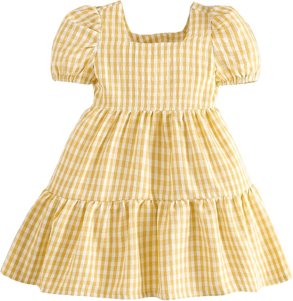 SOLY HUX Toddler Girl's Plaid Dress Square Neck Puff Short Sleeve Ruffle Hem A Line Midi Dresses