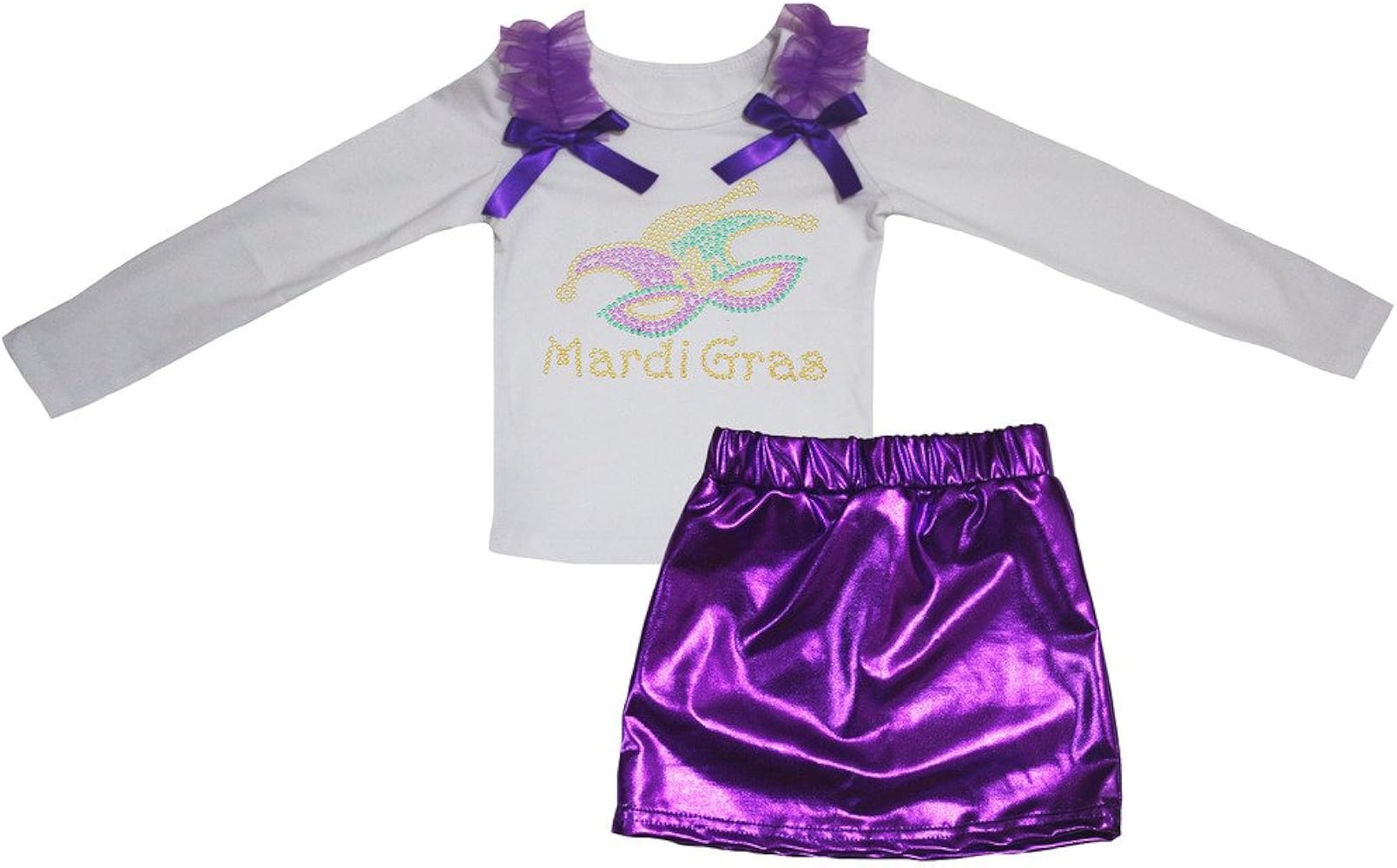 Petitebella Mardi Gras Mask White L/s Shirt Purple Bling Skirt Set 1-8y