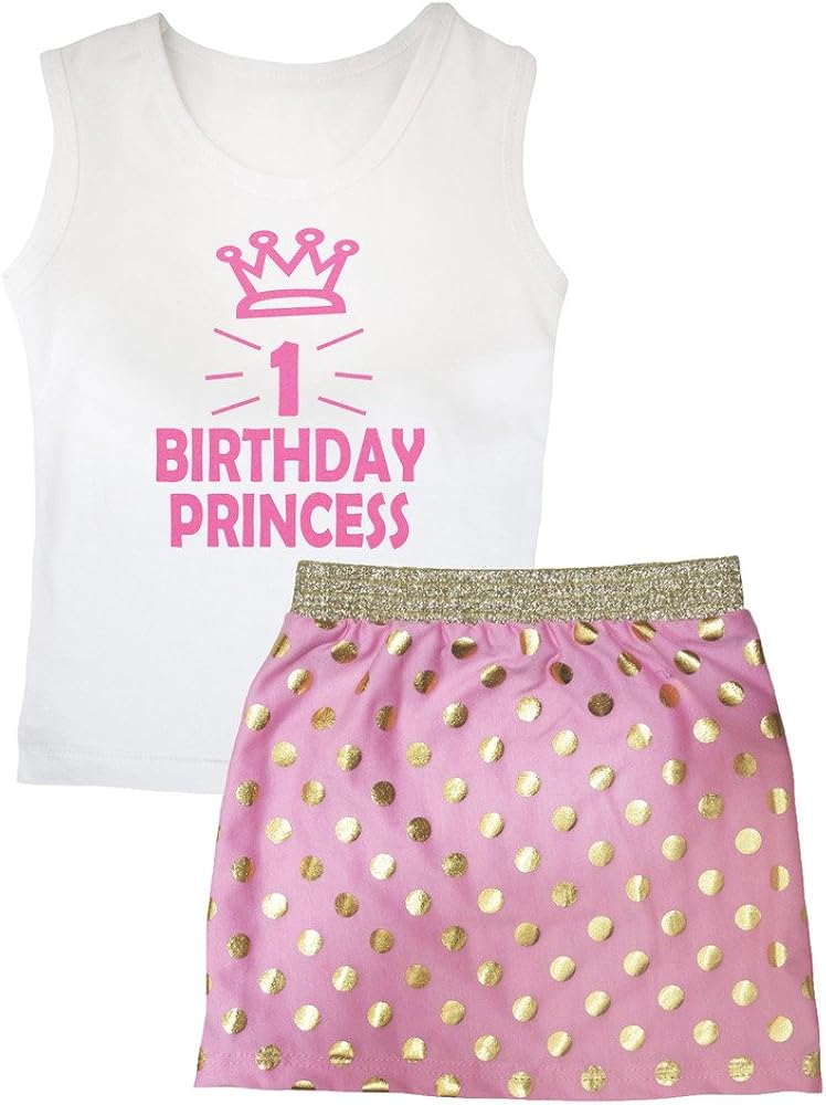 Petitebella 1st Birthday Princess White Vest Gold Polka Dots Pink Skirt Set 1-8y