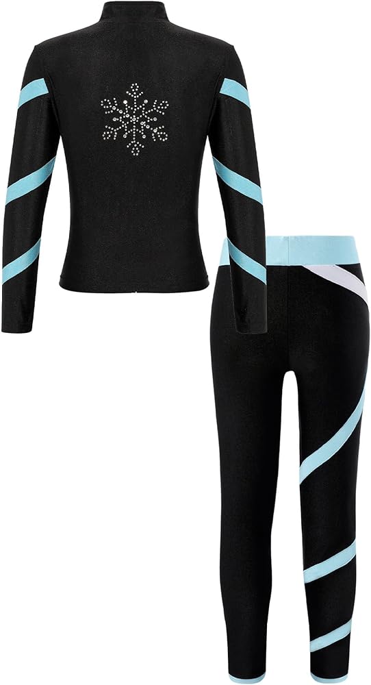 Kids Girls Long Sleeve Figure Skating Jacket with Pants Set 2 Piece Tracksuit Ice Skating Gym Running Sports Suit