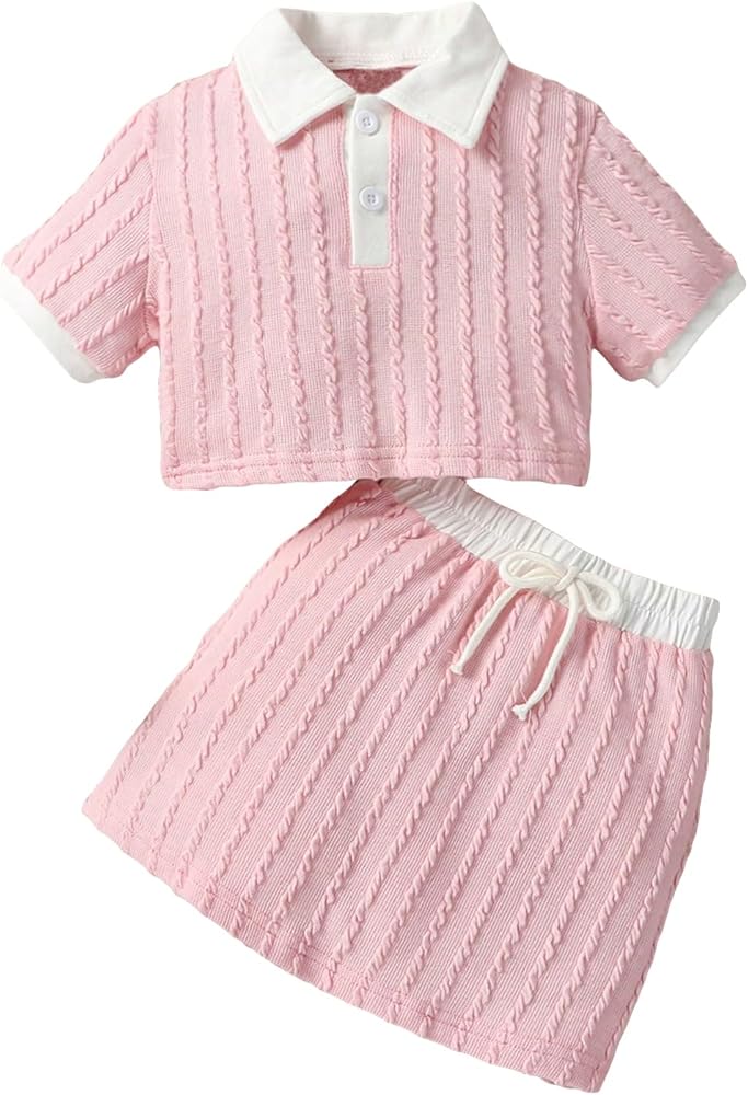 Girl's 2 Piece Colorblock Short Sleeve Polo Neck Button Front Tee Top and Drawstring Skirt Sets