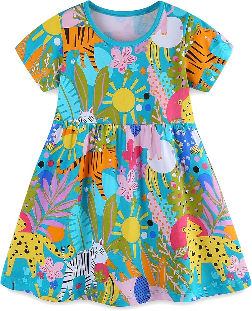 Toddler Girl Dress Cotton Short Sleeve Cartoon Print Summer Dresses 2-7 Years