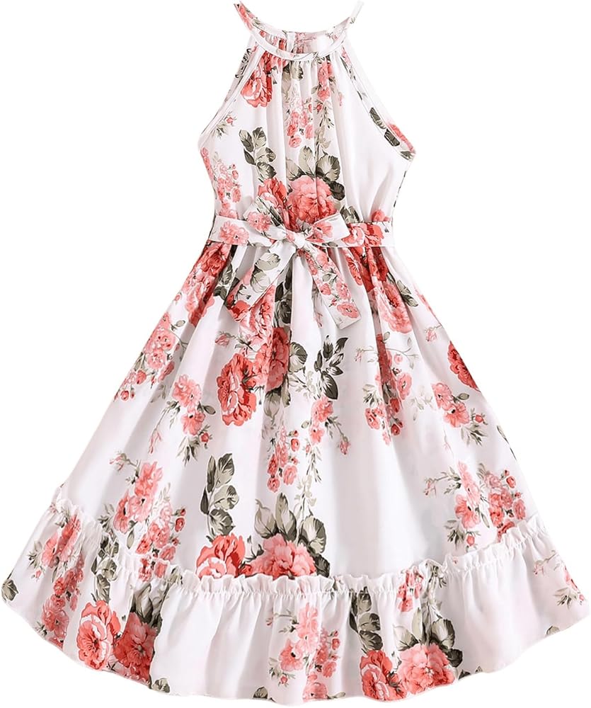 Floerns Girl's Sleeveless Halter Neck Ruffle Midi Dress Floral Belted A Line Dress