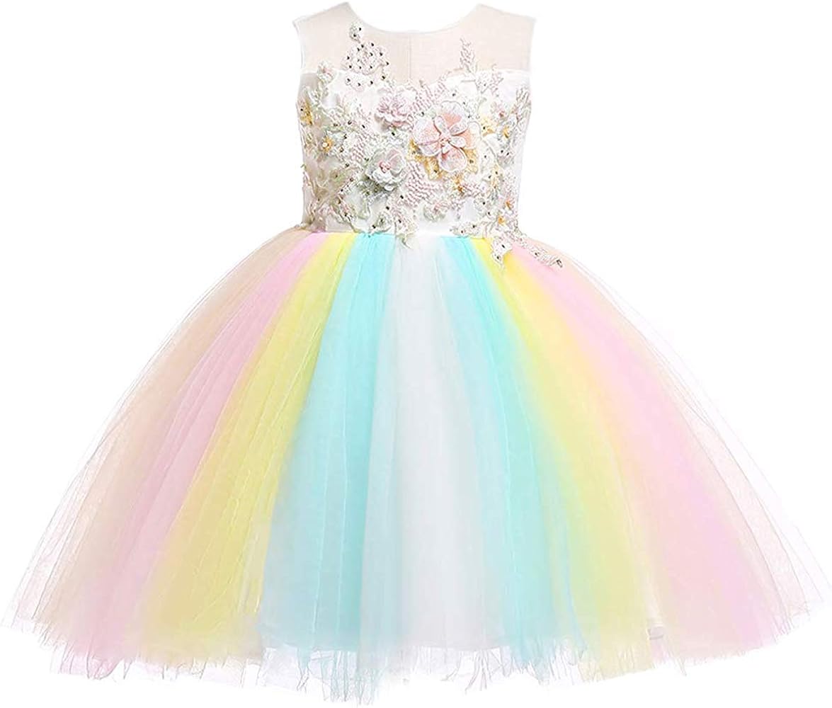 Weileenice Flower Girls Lace Bridesmaid Dress Rainbow Tulle 3D Embroidery Beading Princess Pageant Wedding Party Dresses