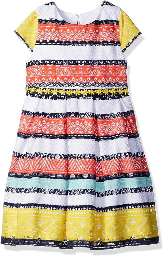 Youngland Girls' Little Stripe Crochet Lace Pleated Dress with Daisy Trim at Waist