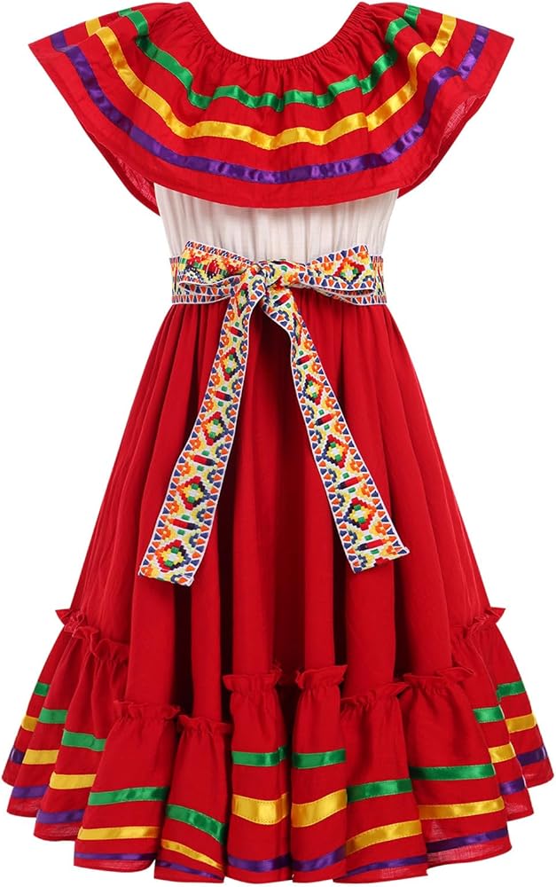 Mexican Dress for Girl Traditional Mexico Vestidos Rainbow Cinco de Mayo Dress Toddler Off Shoulder Folklorico Dress