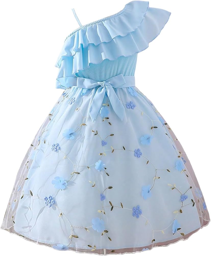 OYOANGLE Girl's Floral Appliques Mesh Ruffle Trim Tulle Dress Princess Birthday Party Dresses