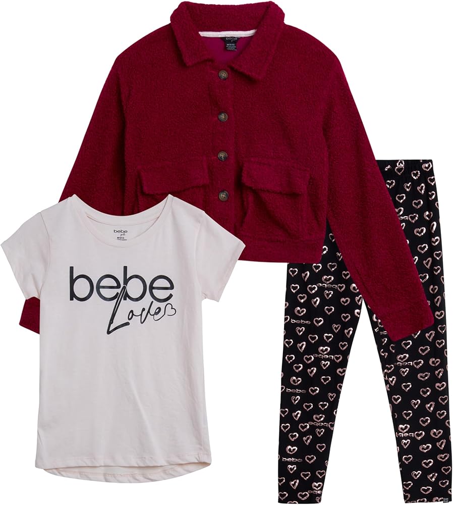 bebe Girls' Legging Set - 3 Piece Poodle Sherpa Shacket, T-Shirt, and Yoga Pants (7-12)