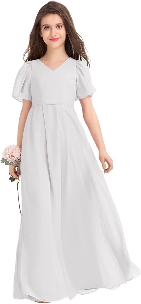 Junior Bridesmaid Dress, Flower Girl Dresses, Girls' Special Occasion Formal Dresses V-Neck Floor-Length Chiffon