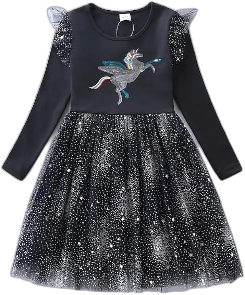 Kids Girls' Dress Cartoon Galaxy Unicorn Long Sleeve Performance Party Mesh Embroidered